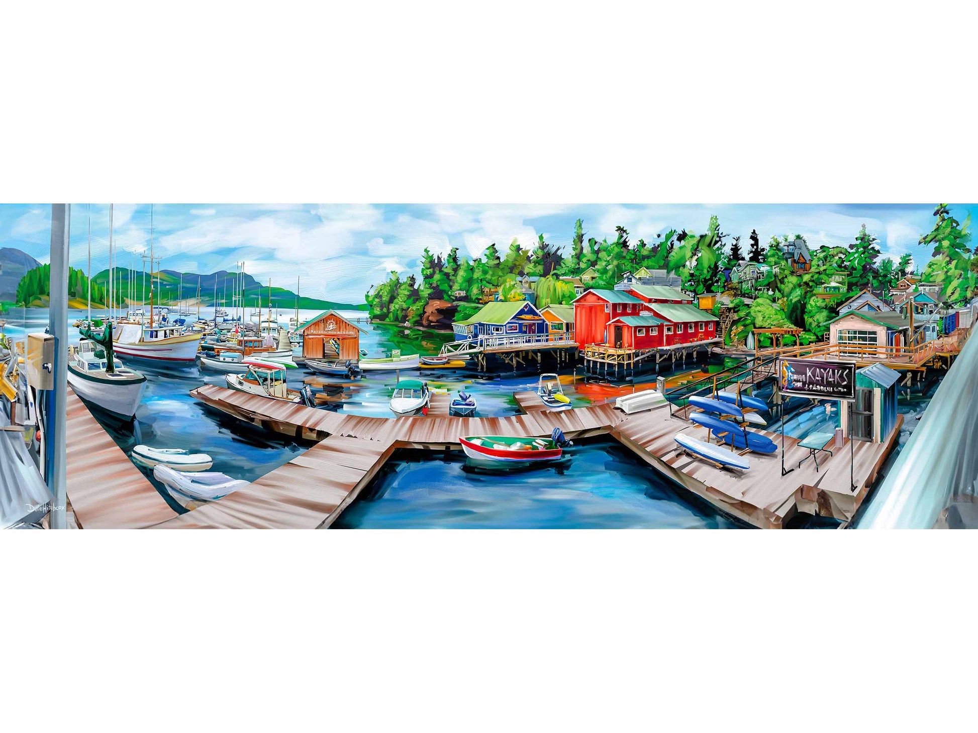 Panoramic canvas art print of boats moored in beautiful Brentwood Bay harbour in Vancouver Island's Central Saanich