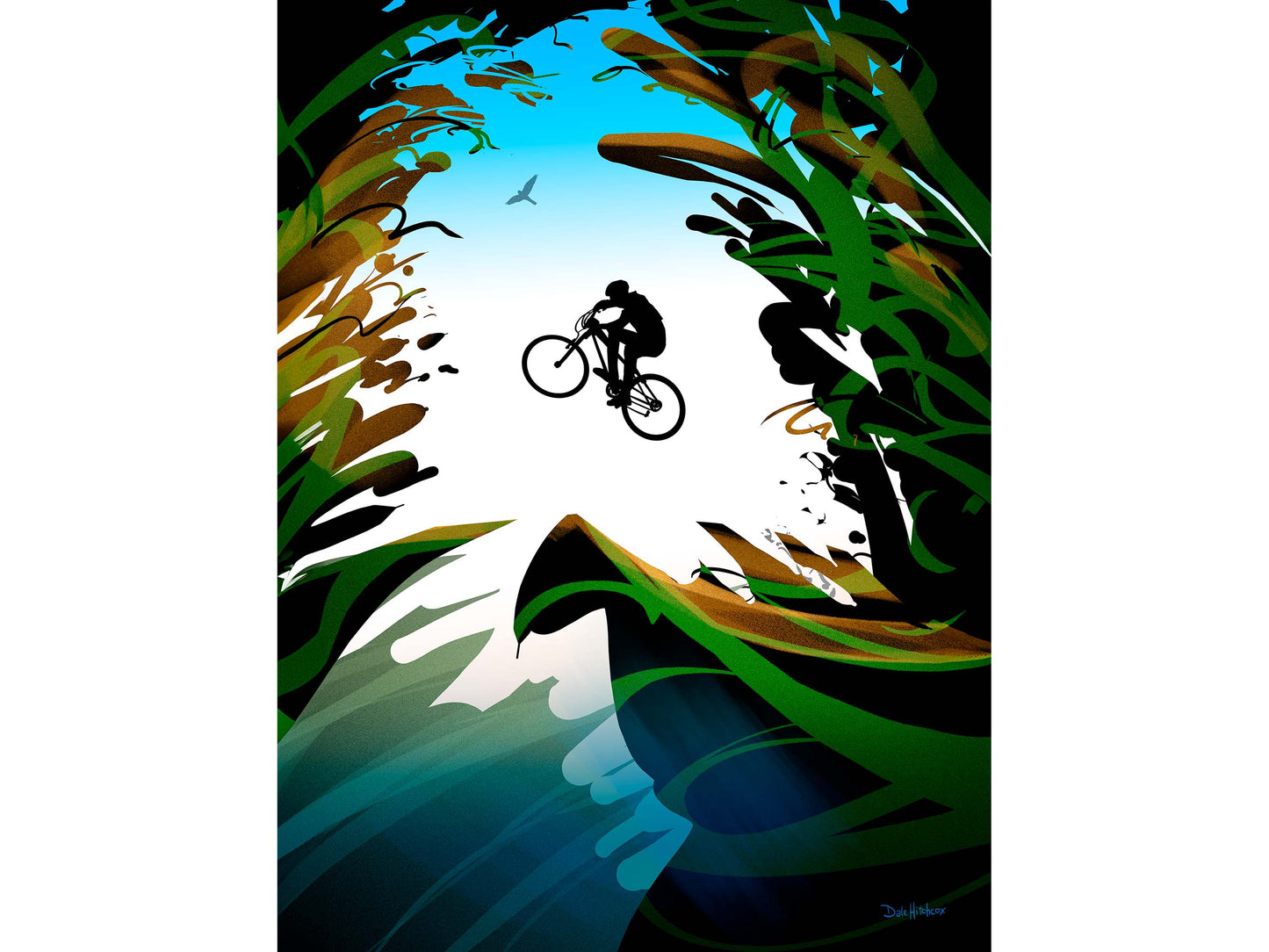 Beautiful canvas art print of a mountain biker taking to the air in the woods