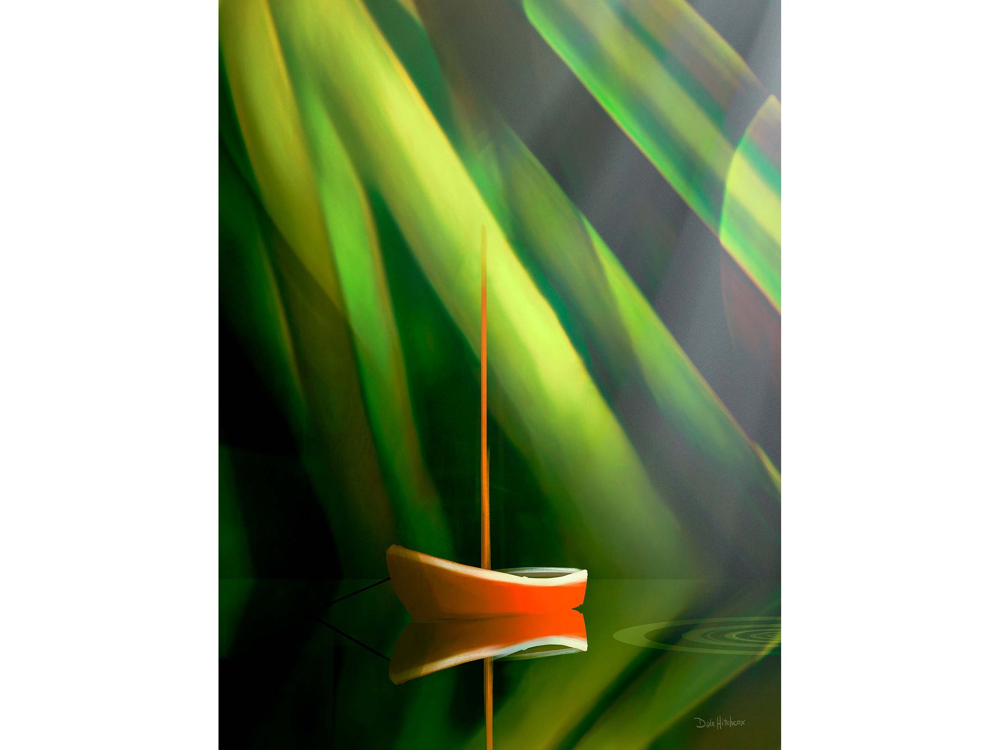 Canvas art print of a red boat moored in calm water beside an emerald cliff