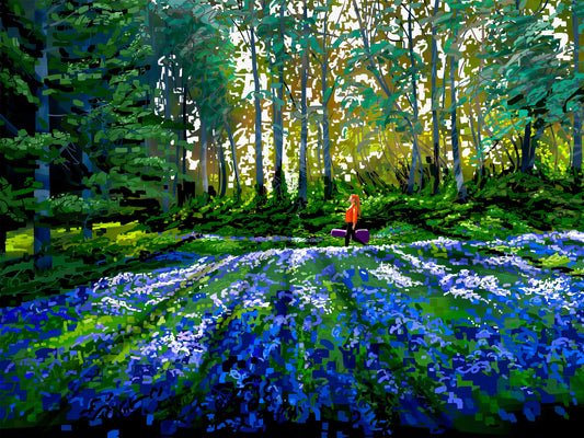 Canvas art print of a young woman with a guitar walking beside a beautiful field of camas lily flowers in Beacon Hill Park in Victoria, BC.