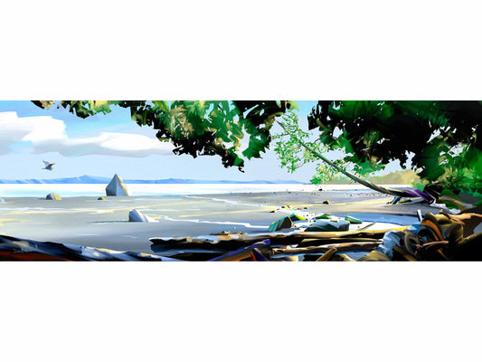 Panoramic canvas art print of a great blue heron flying over Mt Douglas Beach (Pkols) in Saanich, BC, Vancouver Island.