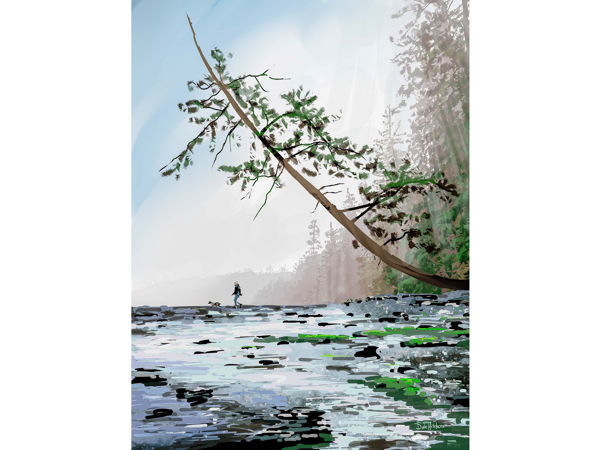 Canvas art print of a woman walking her dog on Mt Douglas Beach in Saanich, BC