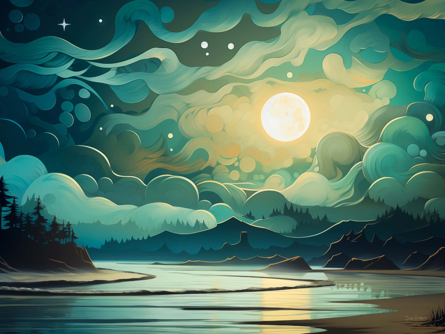 Serene landscape canvas art print of the moon, clouds, mountains and a lake in soft colors. AI-generated image in soft blues and turquoise.