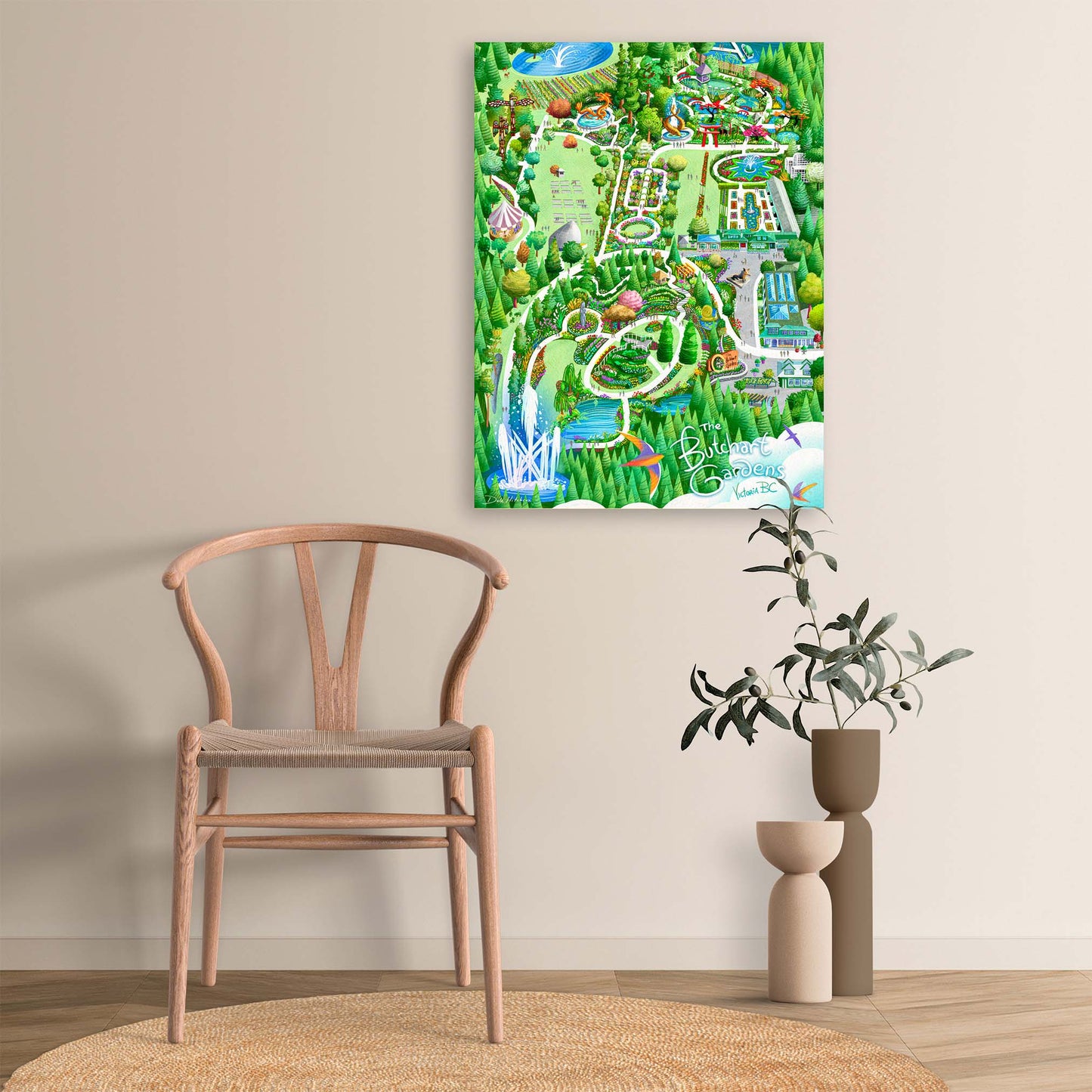 Playful, highly detailed art print of Butchart Gardens as seen from the air