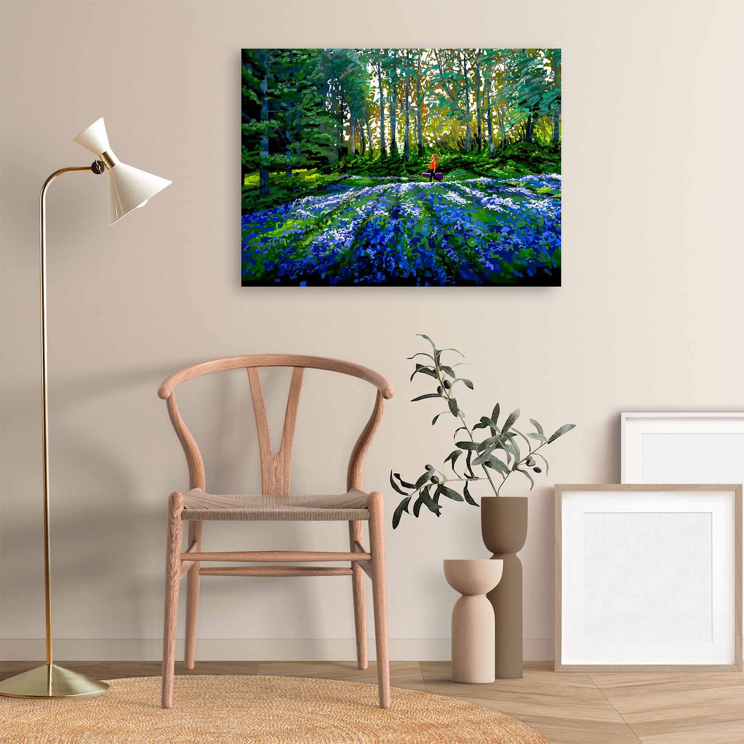 Art print of a young woman with a guitar walking beside a glorious field of camas flowers in Victoria, BC's, Beacon Hill Park