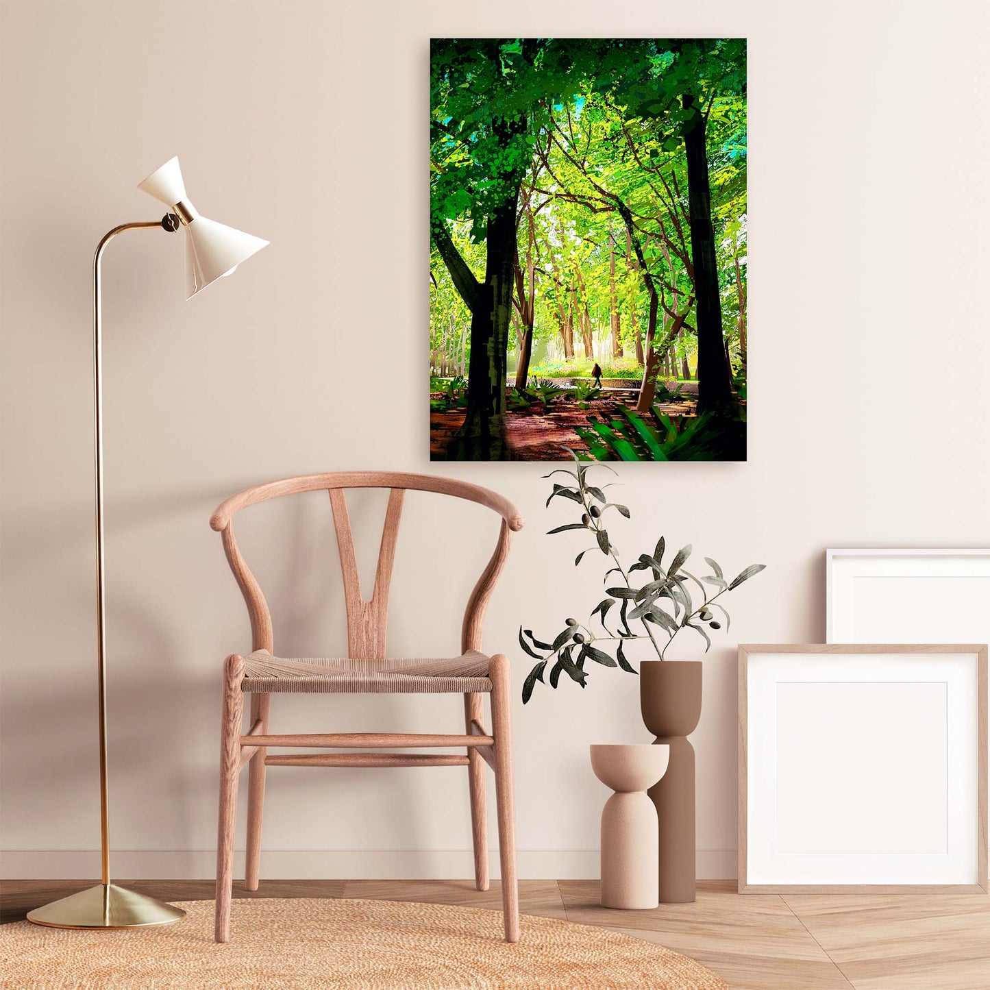 Art print of a person walking a dog among the glorious trees of Beacon Hill Park in Victoria BC