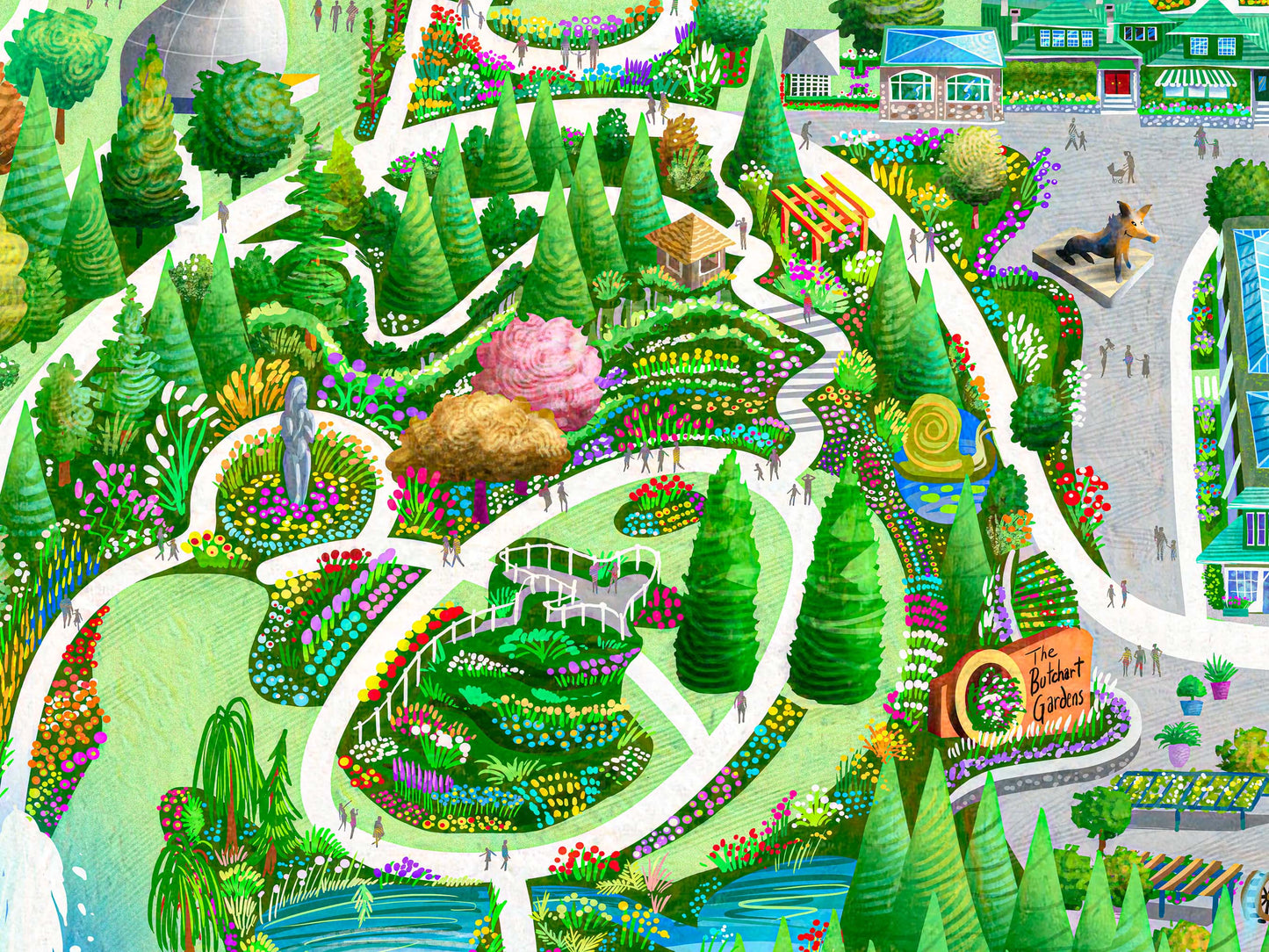 Playful, highly detailed art print of Butchart Gardens as seen from the air