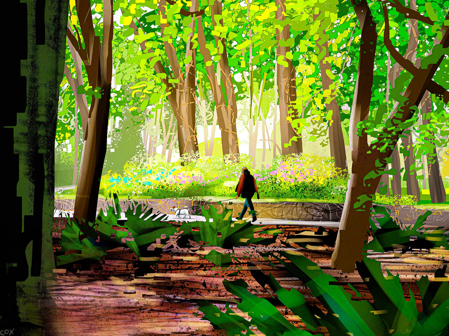 Art print of a person walking a dog among the glorious trees of Beacon Hill Park in Victoria BC