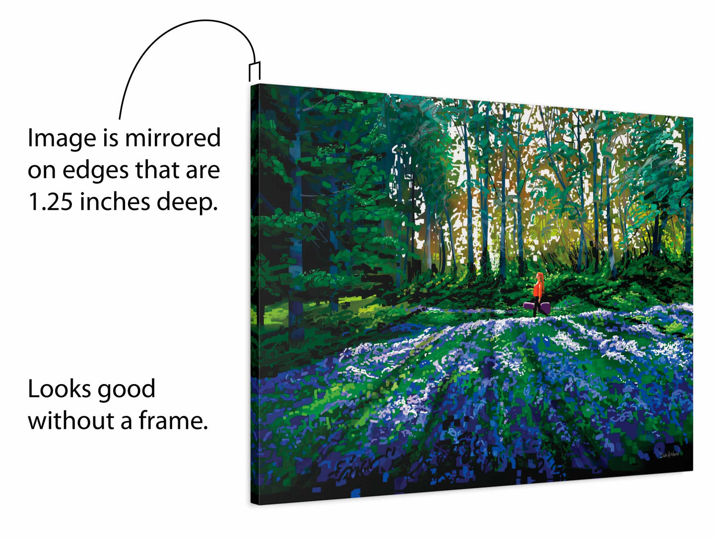 Art print of a young woman with a guitar walking beside a glorious field of camas flowers in Victoria, BC's, Beacon Hill Park