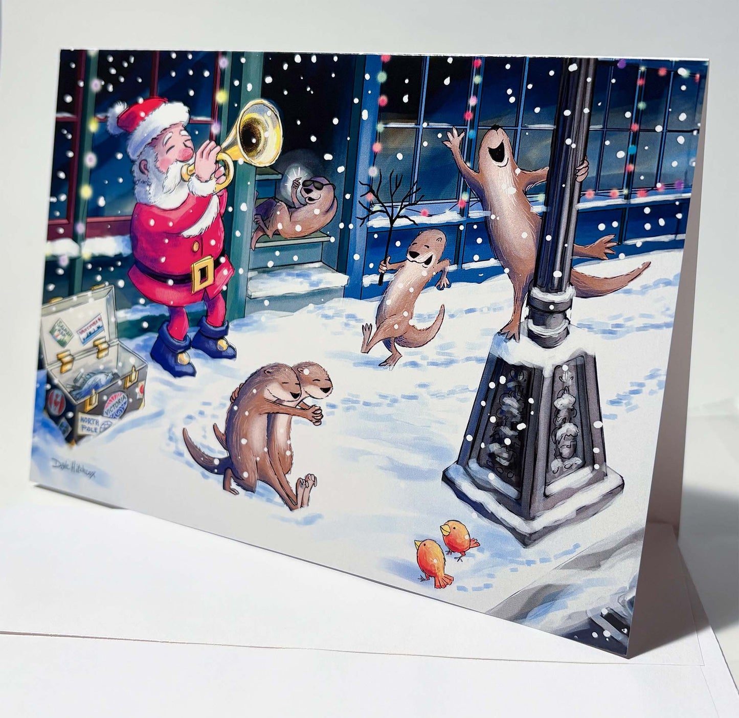 Greeting card - Santa Busking with Otters in Downtown Victoria